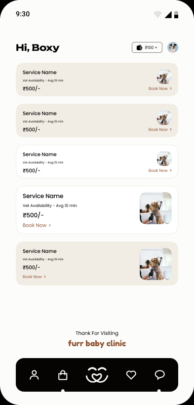 The clinic home screen in the owner app, listing services with vet availability, average wait time and price, above a five item bottom navigation.