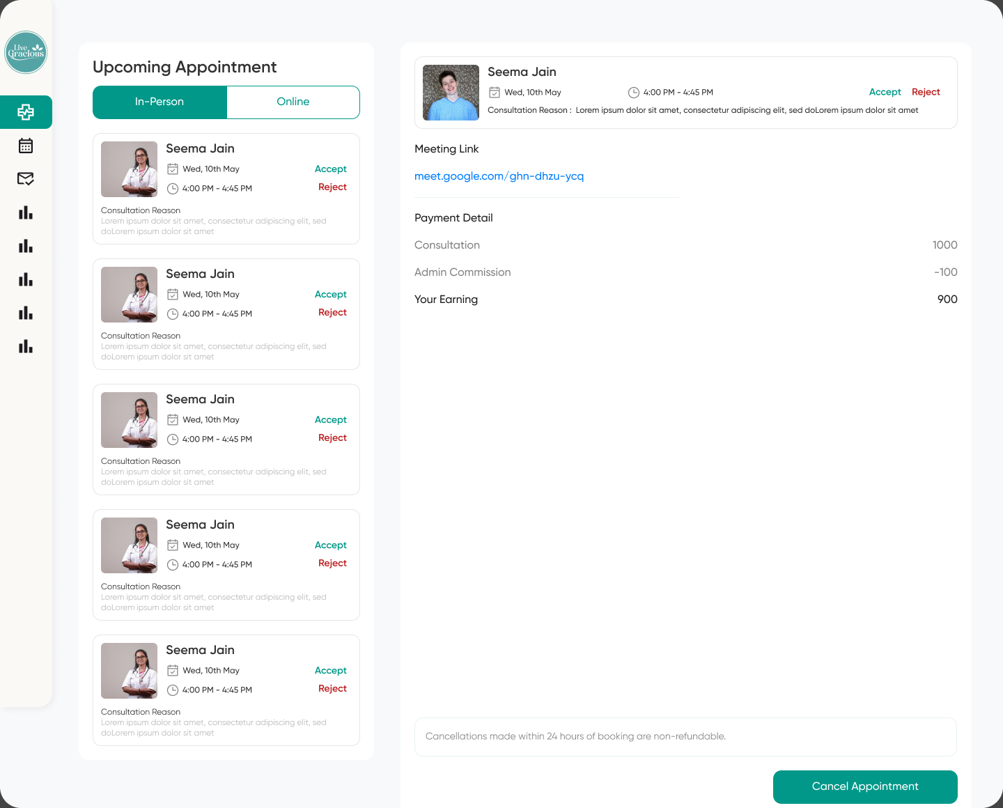 The doctor's appointment detail screen, with a request list, accept and reject actions, a meeting link and a payment breakdown.