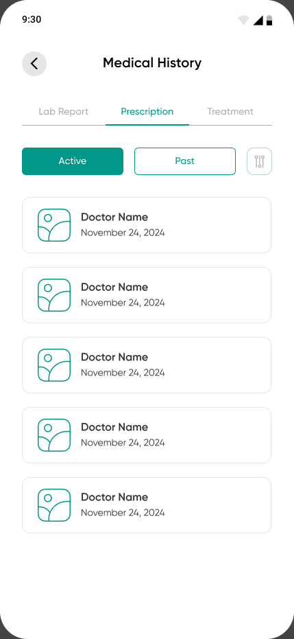 The medical history screen, with tabs for lab report, prescription and treatment, an active and past filter, and a list of dated records by doctor.